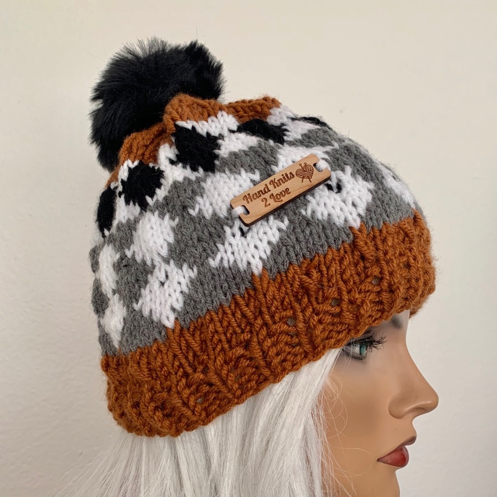 Hand Knits 2 Love Beanie Hat Plaid Designer Pom